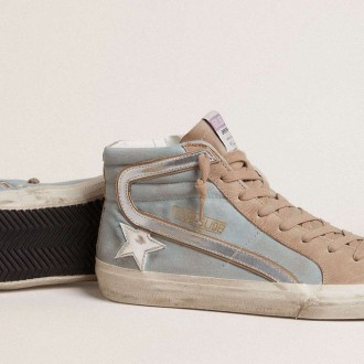 Golden Goose Slide In Light Blue Canvas With Silver Metallic Leather Flash Golden Goose Slide In Light Blue Canvas With Silver Metallic Leather Flash