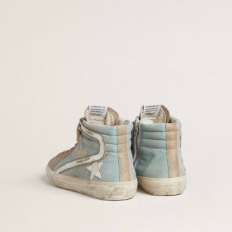 Golden Goose Slide In Light Blue Canvas With Silver Metallic Leather Flash Golden Goose Slide In Light Blue Canvas With Silver Metallic Leather Flash