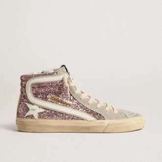 Golden Goose Slide In Lilac Glitter With White Leather Star And Flash