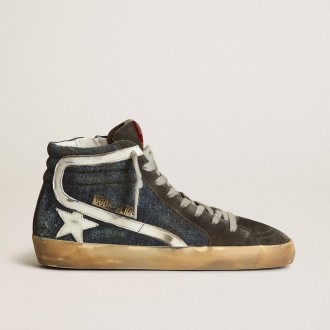 Golden Goose Slide In Midnight-Blue Denim With White Leather Star