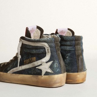 Golden Goose Slide In Midnight-Blue Denim With White Leather Star Golden Goose Slide In Midnight-Blue Denim With White Leather Star