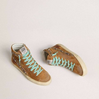 Golden Goose Slide In Ocher-Colored Suede With Tobacco-Colored Leather Star