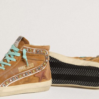 Golden Goose Slide In Ocher-Colored Suede With Tobacco-Colored Leather Star