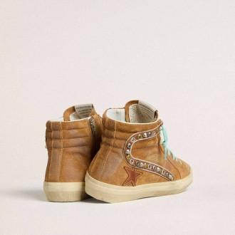 Golden Goose Slide In Ocher-Colored Suede With Tobacco-Colored Leather Star