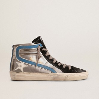 Golden Goose Slide In Silver Metallic Leather With White Leather Star