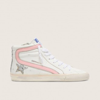 Golden Goose Slide In White Leather With Silver Glitter Star And Pink Leather Flash