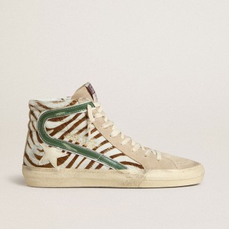 Golden Goose Slide In Zebra-Print Pony Skin With Green Laminated Leather Flash