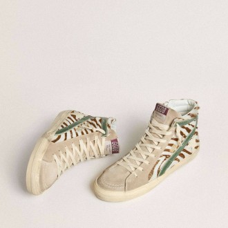 Golden Goose Slide In Zebra-Print Pony Skin With Green Laminated Leather Flash