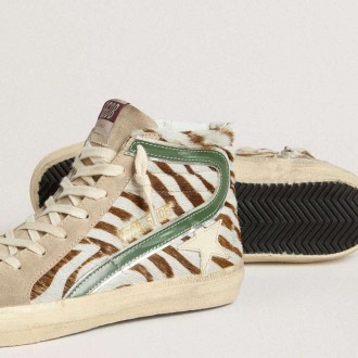 Golden Goose Slide In Zebra-Print Pony Skin With Green Laminated Leather Flash