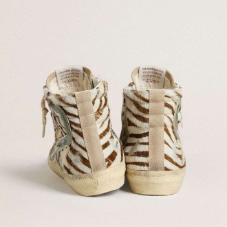 Golden Goose Slide In Zebra-Print Pony Skin With Green Laminated Leather Flash