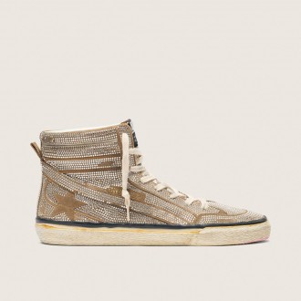 Golden Goose Slide Lab In Tobacco-Colored Suede With Crystals And Tobacco-Colored Suede Star