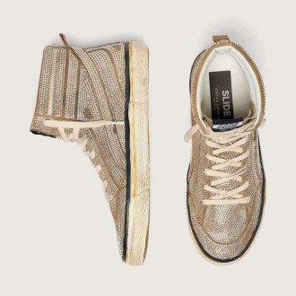 Golden Goose Slide Lab In Tobacco-Colored Suede With Crystals And Tobacco-Colored Suede Star