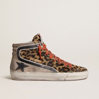 Golden Goose Slide Ltd In Leopard-Print Pony Skin With Metallic Leather Star And Flash