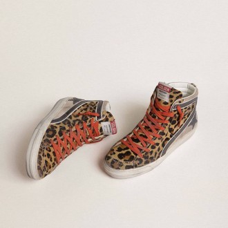 Golden Goose Slide Ltd In Leopard-Print Pony Skin With Metallic Leather Star And Flash Golden Goose Slide Ltd In Leopard-Print Pony Skin With Metallic Leather Star And Flash