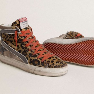 Golden Goose Slide Ltd In Leopard-Print Pony Skin With Metallic Leather Star And Flash Golden Goose Slide Ltd In Leopard-Print Pony Skin With Metallic Leather Star And Flash