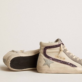 Golden Goose Slide With Gray Leather Star And Wine-Colored Glitter Flash Golden Goose Slide With Gray Leather Star And Wine-Colored Glitter Flash