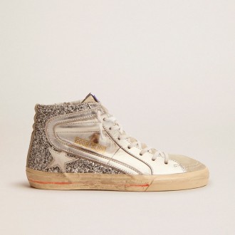 Golden Goose Slide With Laminated Leather Upper And Silver Glitter