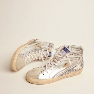 Golden Goose Slide With Laminated Leather Upper And Silver Glitter