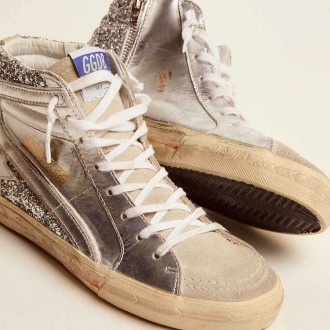 Golden Goose Slide With Laminated Leather Upper And Silver Glitter