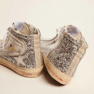 Golden Goose Slide With Laminated Leather Upper And Silver Glitter