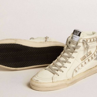 Golden Goose Slide With Silver Metallic Leather Star And Leather Flash With Stars Golden Goose Slide With Silver Metallic Leather Star And Leather Flash With Stars