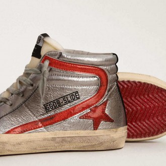 Golden Goose Slide With Silver Metallic Leather Upper And Red Metallic Leather Flash Golden Goose Slide With Silver Metallic Leather Upper And Red Metallic Leather Flash