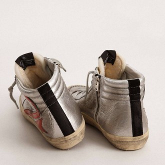 Golden Goose Slide With Silver Metallic Leather Upper And Red Metallic Leather Flash Golden Goose Slide With Silver Metallic Leather Upper And Red Metallic Leather Flash