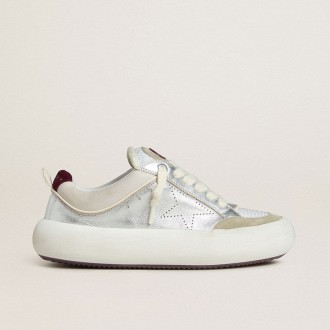 Golden Goose Space-Star Cube In Ice-Gray And Silver Leather With Burgundy Heel Tab