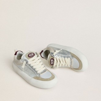 Golden Goose Space-Star Cube In Ice-Gray And Silver Leather With Burgundy Heel Tab Golden Goose Space-Star Cube In Ice-Gray And Silver Leather With Burgundy Heel Tab