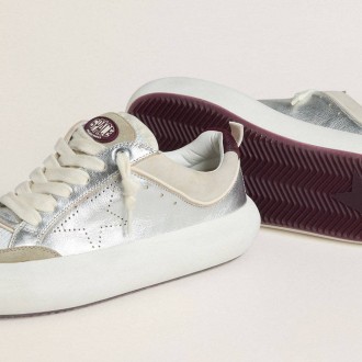 Golden Goose Space-Star Cube In Ice-Gray And Silver Leather With Burgundy Heel Tab Golden Goose Space-Star Cube In Ice-Gray And Silver Leather With Burgundy Heel Tab