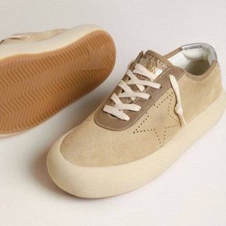 Golden Goose Space-Star In Beige Suede With Perforated Star And Metallic Silver Heel Tab Golden Goose Space-Star In Beige Suede With Perforated Star And Metallic Silver Heel Tab