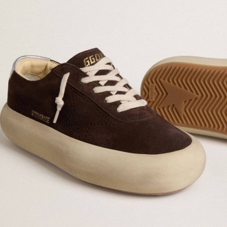 Golden Goose Space-Star In Dark Brown Suede With Metallic Silver Heel Tab
