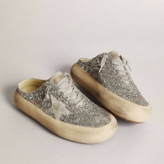 Golden Goose Space-Star Sabot In Glitter With Ice-Gray Star And Tab Golden Goose Space-Star Sabot In Glitter With Ice-Gray Star And Tab