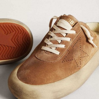 Golden Goose Space-Star Sabots In Tobacco Suede With Perforated Star