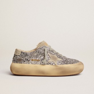 Golden Goose Space-Star Shoes In Silver Glitter With Shearling Lining
