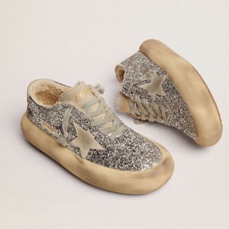 Golden Goose Space-Star Shoes In Silver Glitter With Shearling Lining