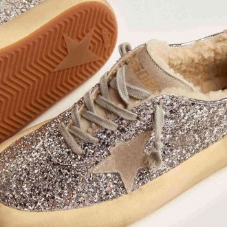 Golden Goose Space-Star Shoes In Silver Glitter With Shearling Lining