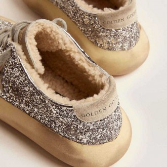 Golden Goose Space-Star Shoes In Silver Glitter With Shearling Lining