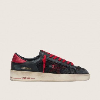 Golden Goose Stardan In Black Leather With Red Star And Black Mesh And Red Leather Inserts