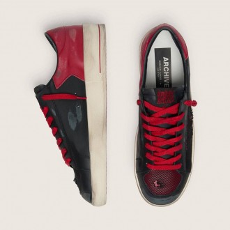 Golden Goose Stardan In Black Leather With Red Star And Black Mesh And Red Leather Inserts Golden Goose Stardan In Black Leather With Red Star And Black Mesh And Red Leather Inserts