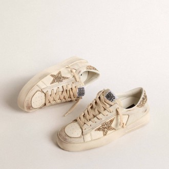 Golden Goose Stardan In Ecru Nappa Leather With Gold Glitter Star And Heel Tab Golden Goose Stardan In Ecru Nappa Leather With Gold Glitter Star And Heel Tab