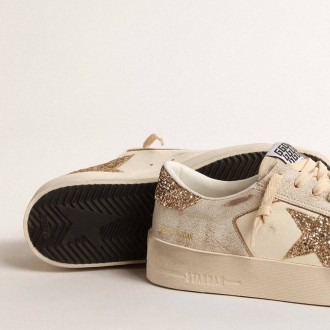 Golden Goose Stardan In Ecru Nappa Leather With Gold Glitter Star And Heel Tab Golden Goose Stardan In Ecru Nappa Leather With Gold Glitter Star And Heel Tab