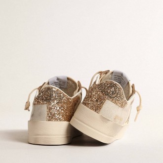 Golden Goose Stardan In Ecru Nappa Leather With Gold Glitter Star And Heel Tab Golden Goose Stardan In Ecru Nappa Leather With Gold Glitter Star And Heel Tab