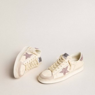 Golden Goose Stardan In Nappa And Suede With Pink Glitter Star And Heel Tab Golden Goose Stardan In Nappa And Suede With Pink Glitter Star And Heel Tab