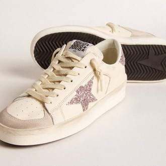 Golden Goose Stardan In Nappa And Suede With Pink Glitter Star And Heel Tab Golden Goose Stardan In Nappa And Suede With Pink Glitter Star And Heel Tab