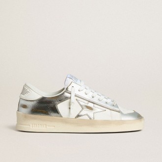 Golden Goose Stardan In Silver Foiled Leather With White Heel Tab