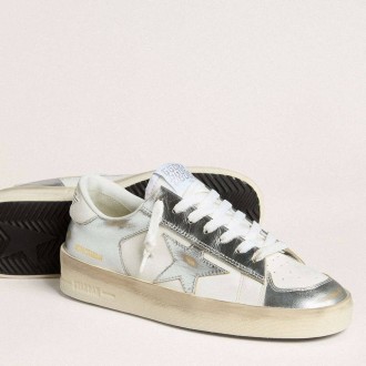 Golden Goose Stardan In Silver Foiled Leather With White Heel Tab Golden Goose Stardan In Silver Foiled Leather With White Heel Tab