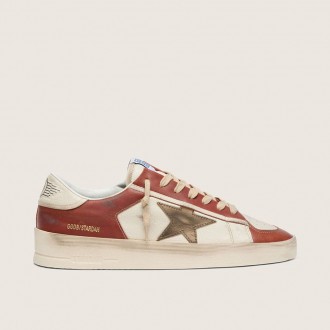 Golden Goose Stardan In White And Brick-Red Leather With Olive-Green Laminated Leather Star