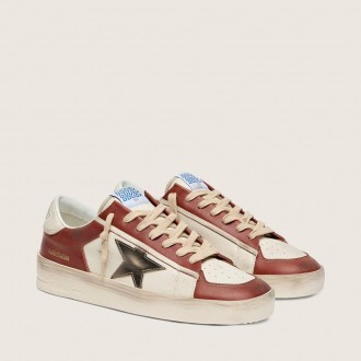 Golden Goose Stardan In White And Brick-Red Leather With Olive-Green Laminated Leather Star