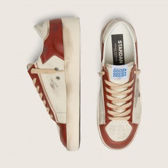 Golden Goose Stardan In White And Brick-Red Leather With Olive-Green Laminated Leather Star